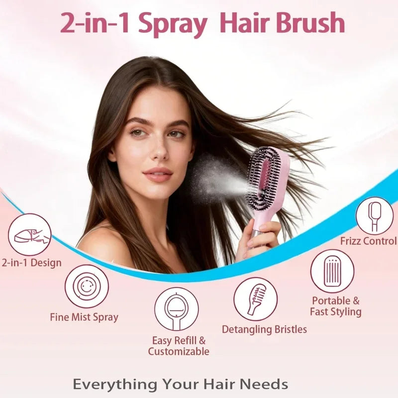 Brosse Spray 2-en-1 – Démêle, Hydrate et Lisse les Cheveux Sans Effort.