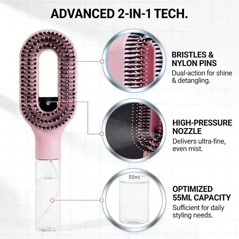 Brosse Spray 2-en-1 – Démêle, Hydrate et Lisse les Cheveux Sans Effort.