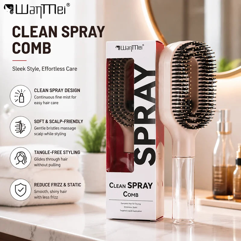 Brosse Spray 2-en-1 – Démêle, Hydrate et Lisse les Cheveux Sans Effort.
